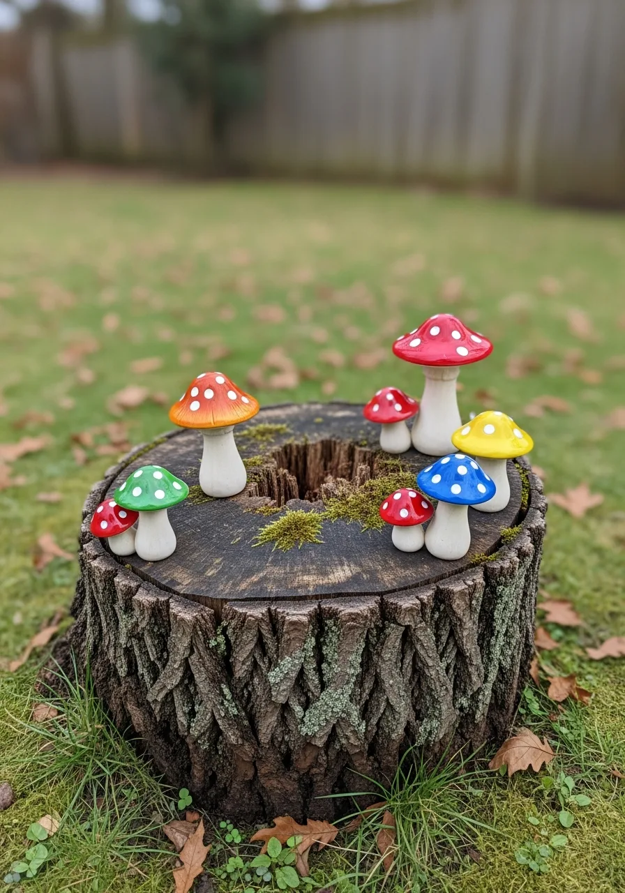 13. Stump Mushroom Garden Decor