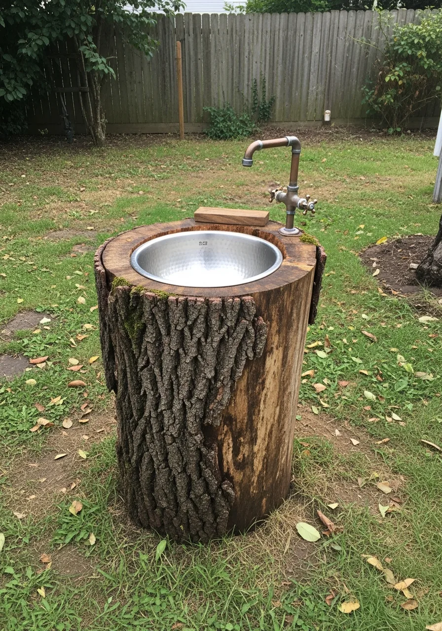 24. Rustic Stump Garden Sink
