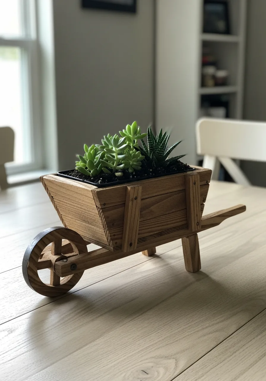 10. Tabletop Wood Wheelbarrow Planter