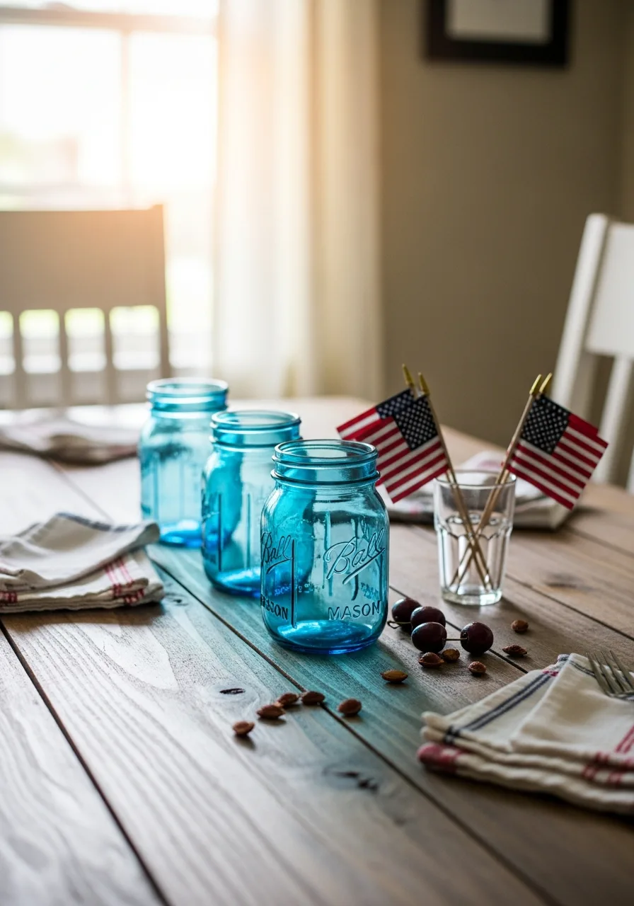 32. Blue Mason Jar Votives