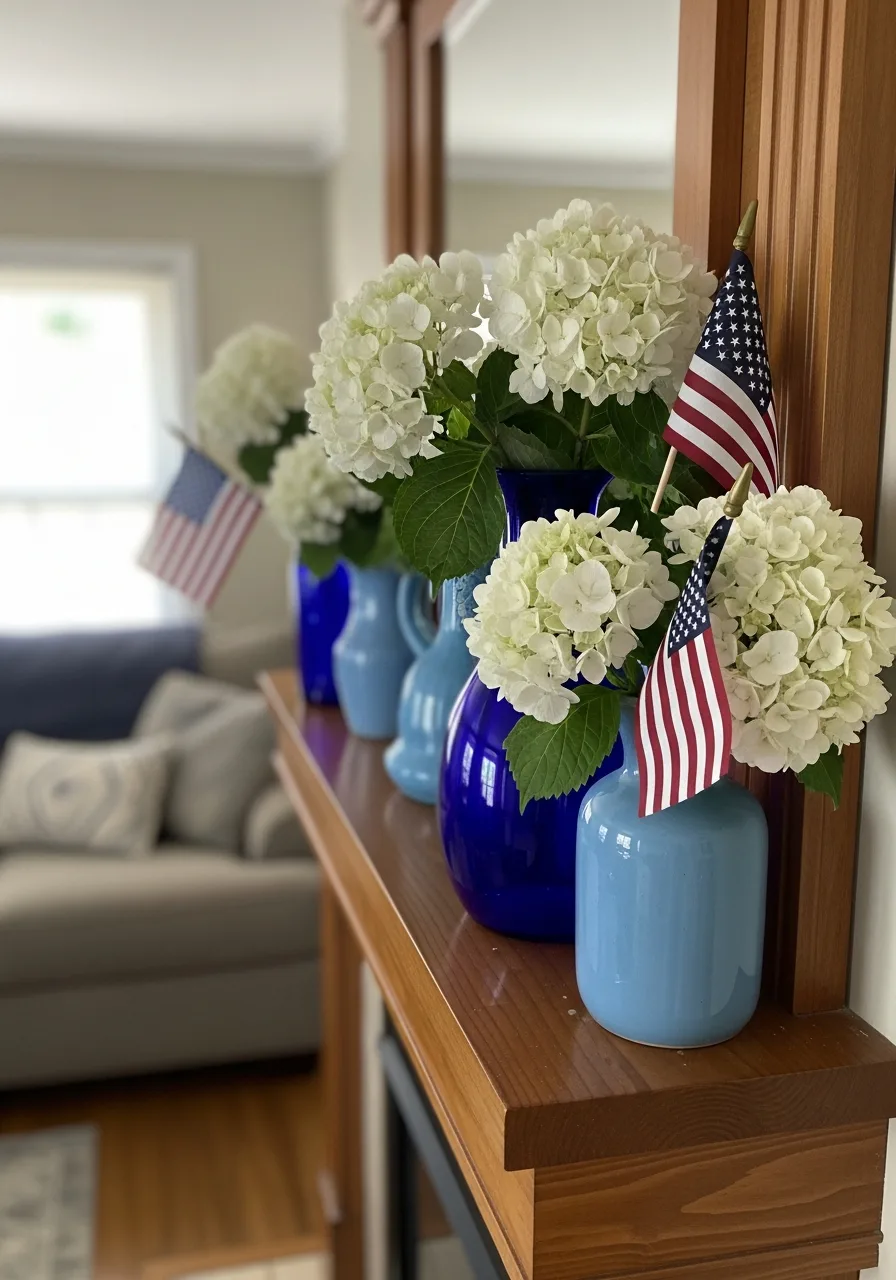 43. White Hydrangeas in Blue Vases