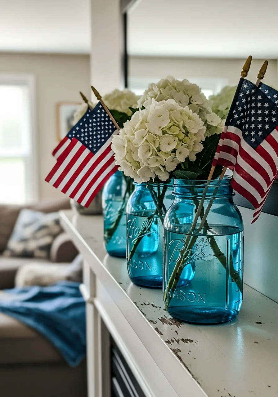 7. Blue Mason Jar Vases