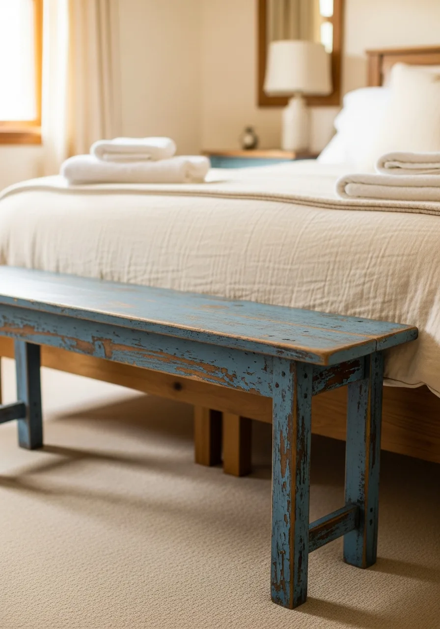 17. Distressed Blue Wood Bench