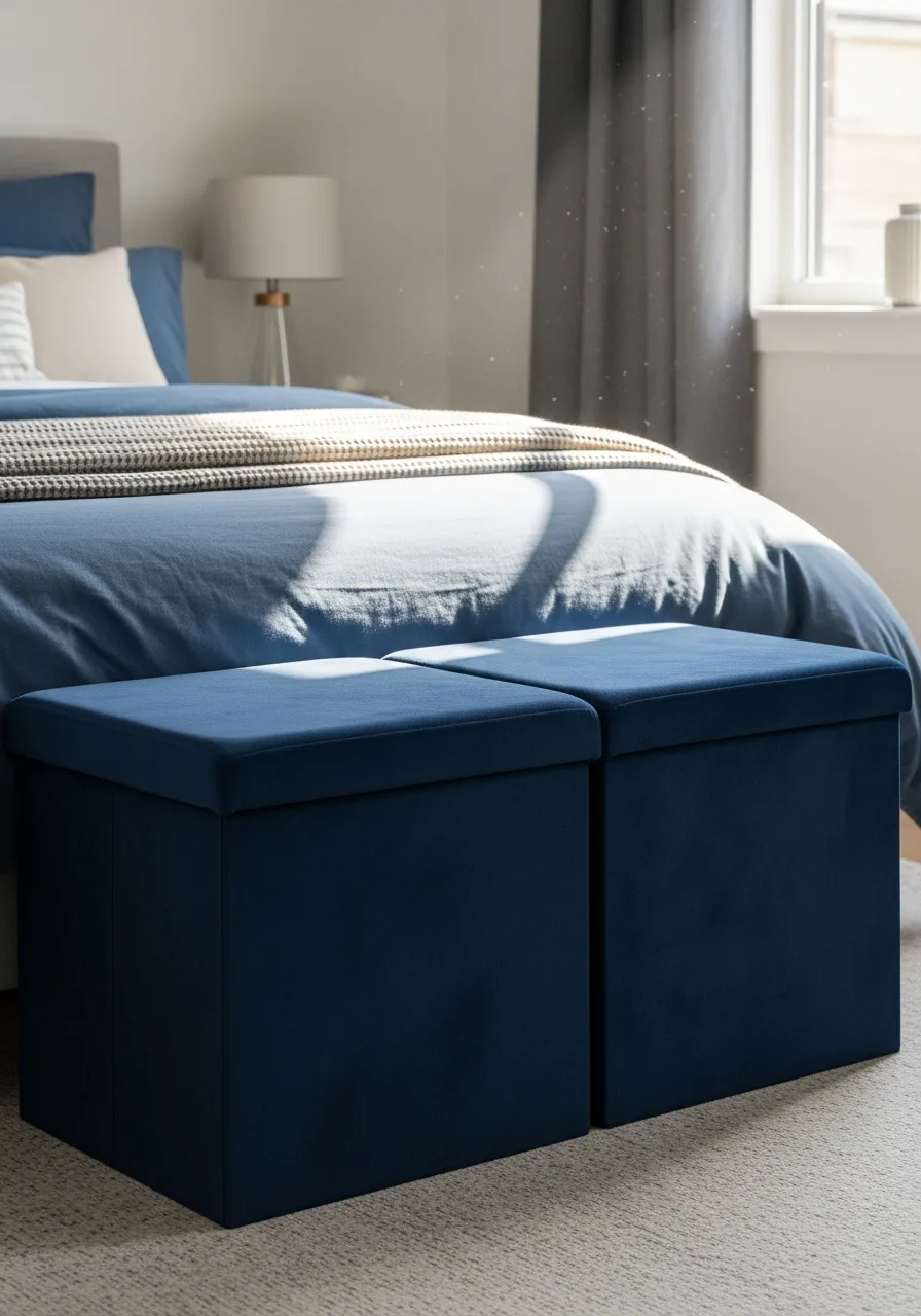 24. Navy Blue Storage Ottomans