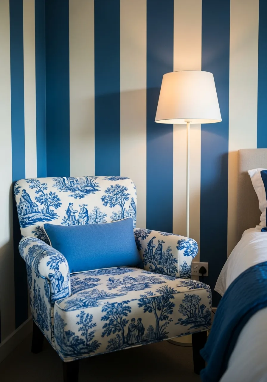 30. Blue Toile Accent Chair