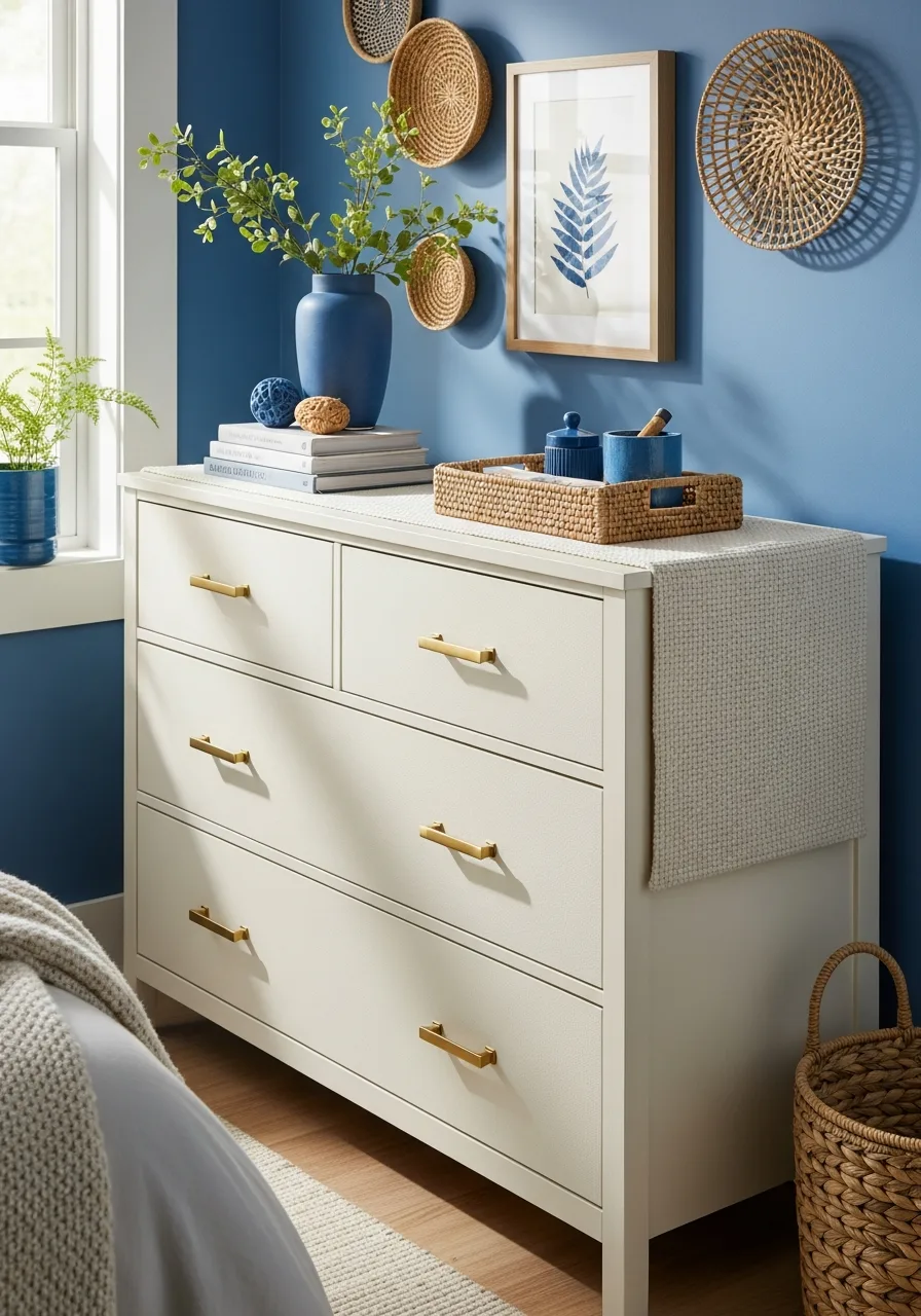 34. Cream Grasscloth Dresser