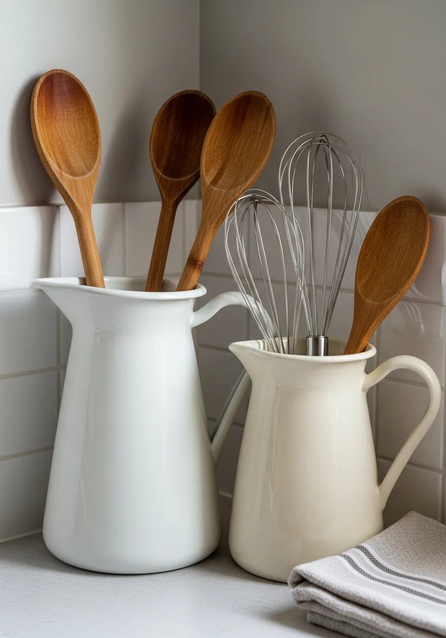 24. Ceramic Pitcher with Utensils