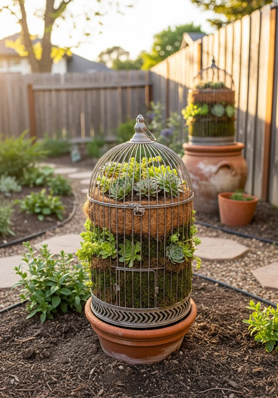 29. Succulent Birdcage Vertical Garden