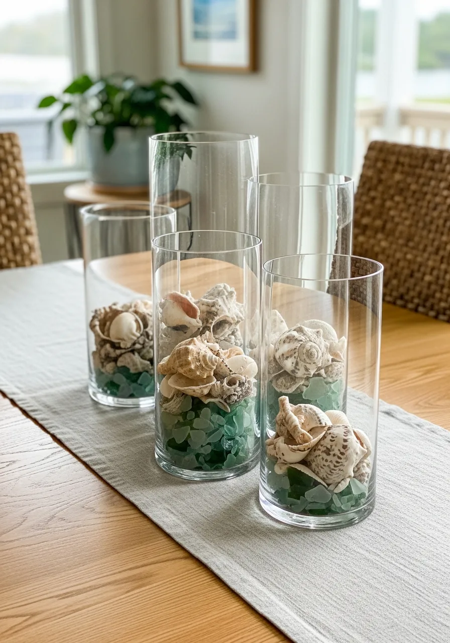 11. Seashell Filled Glass Cylinders