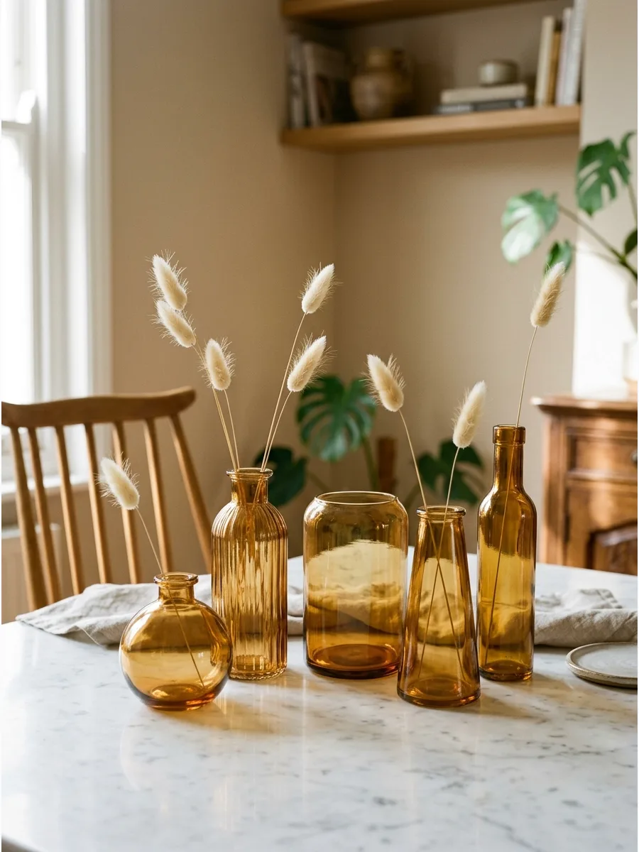 35. Amber Bottle Bud Vases