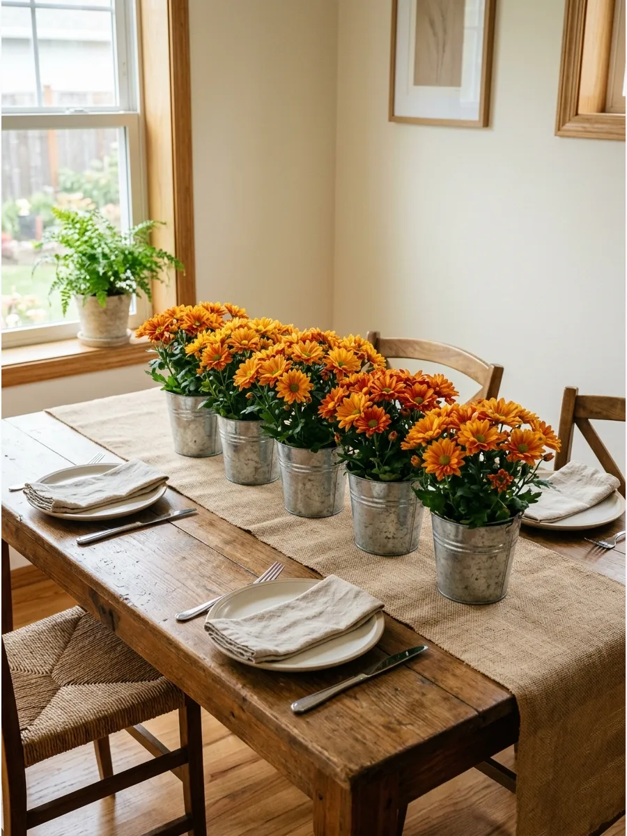 43. Galvanized Bucket Mum Centerpiece