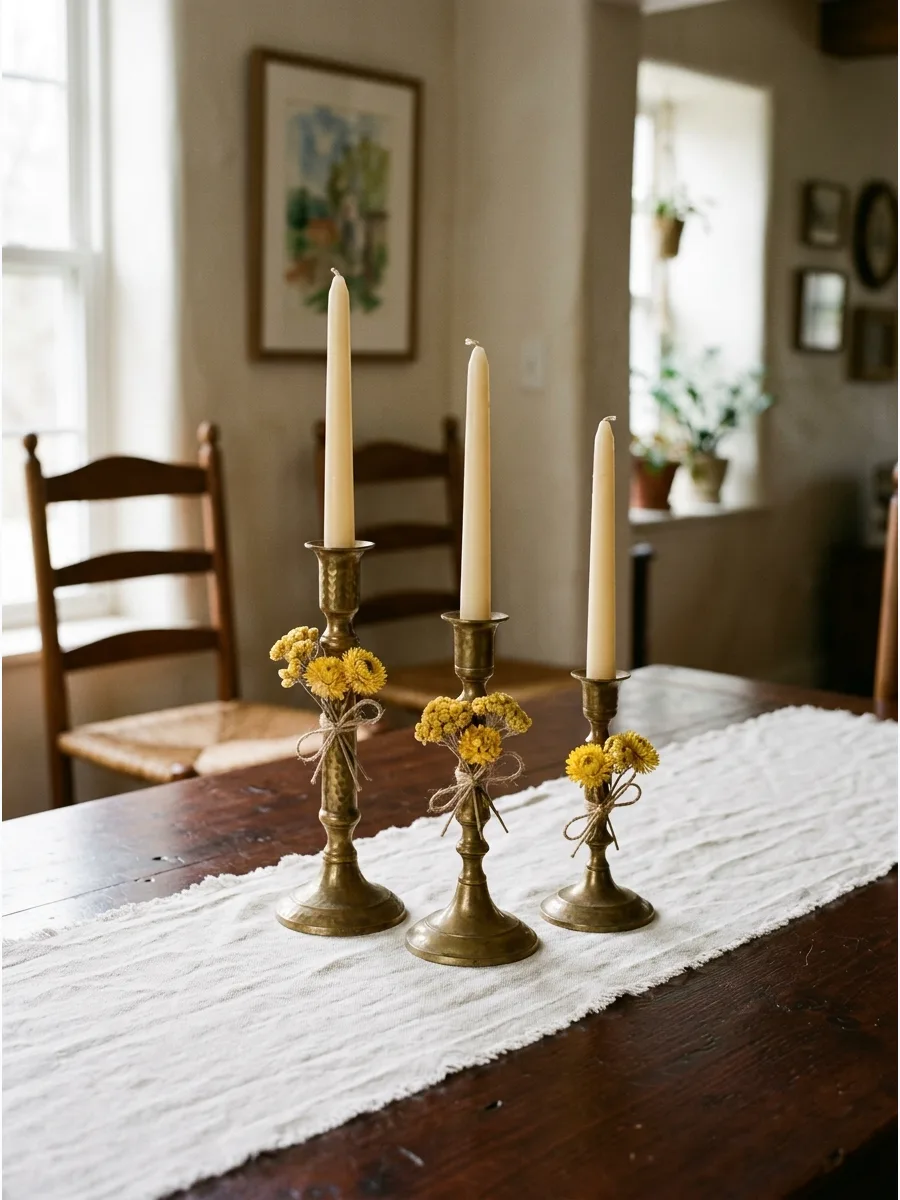 48. Brass Candlestick Strawflower Accents