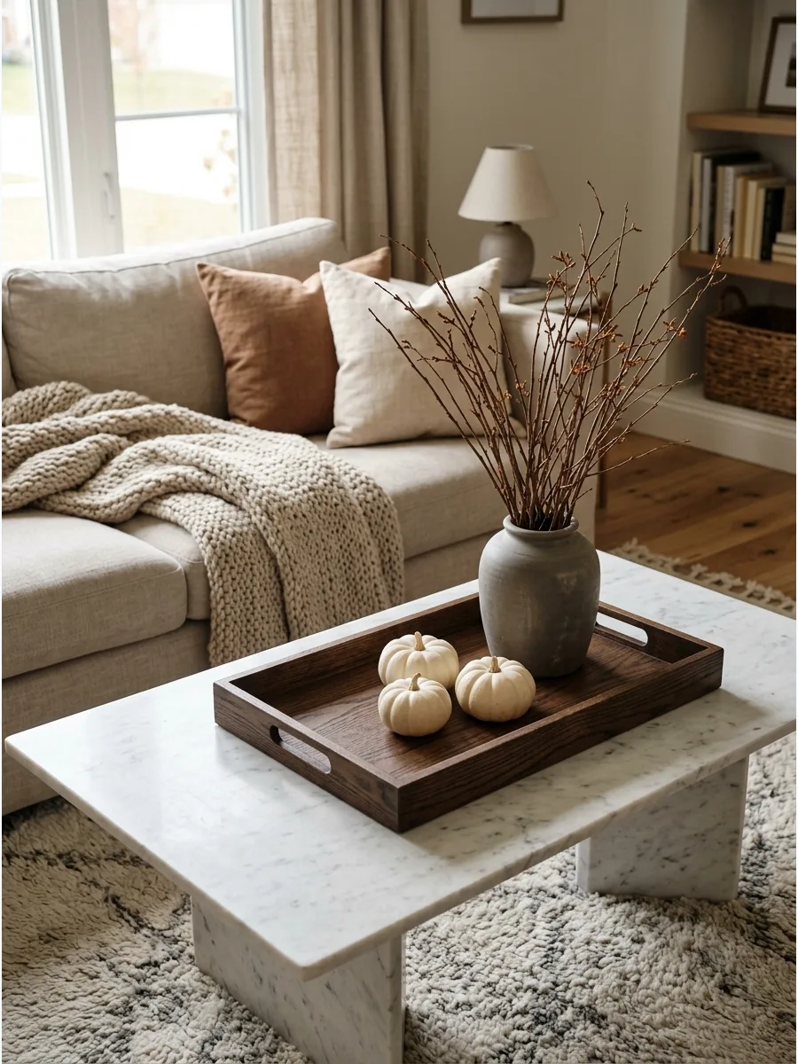 1. Wooden Tray With Pumpkins and a Vase
