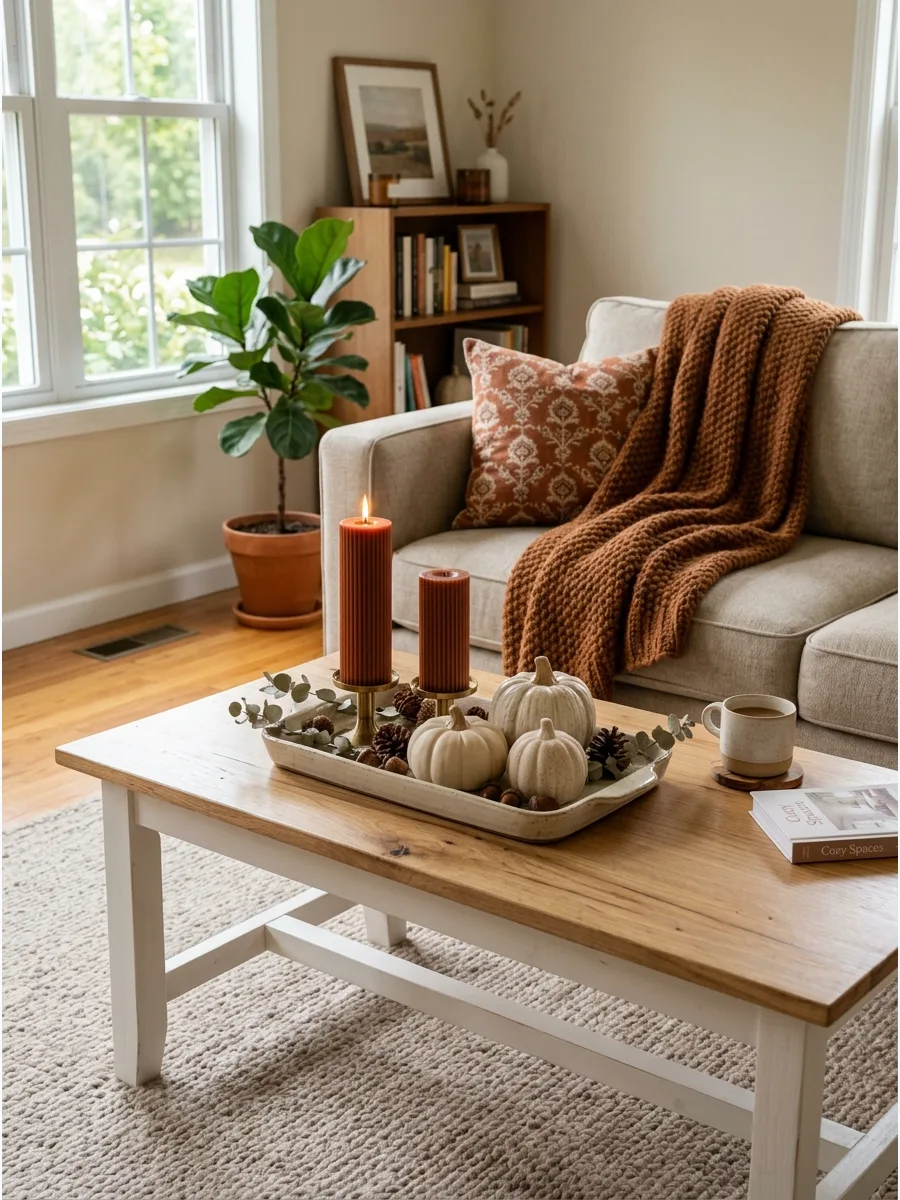 15. Rust and Cream Coffee Table Decor