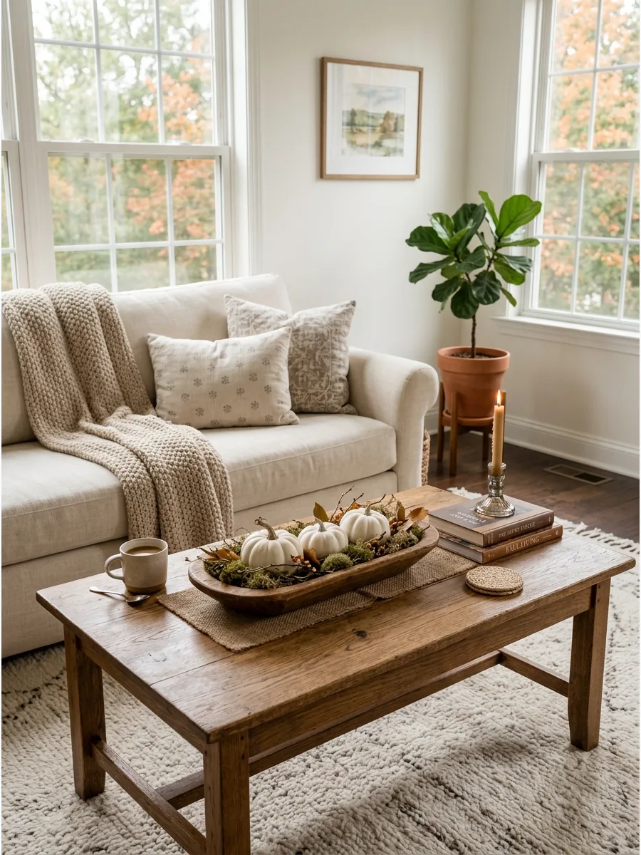 40. Long Coffee Table Center Arrangement
