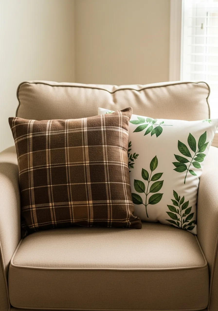 3. Plaid and Botanical Pillows