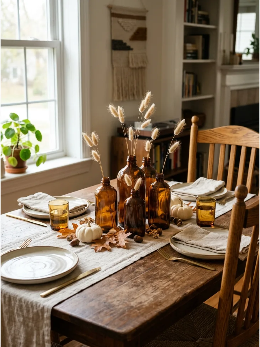 15. Amber Glass Bottle Centerpiece
