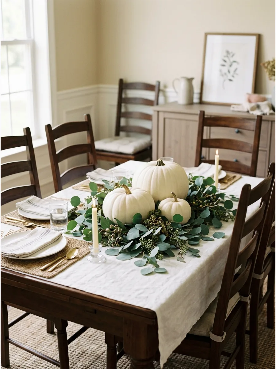 2. White Pumpkin and Eucalyptus Centerpiece