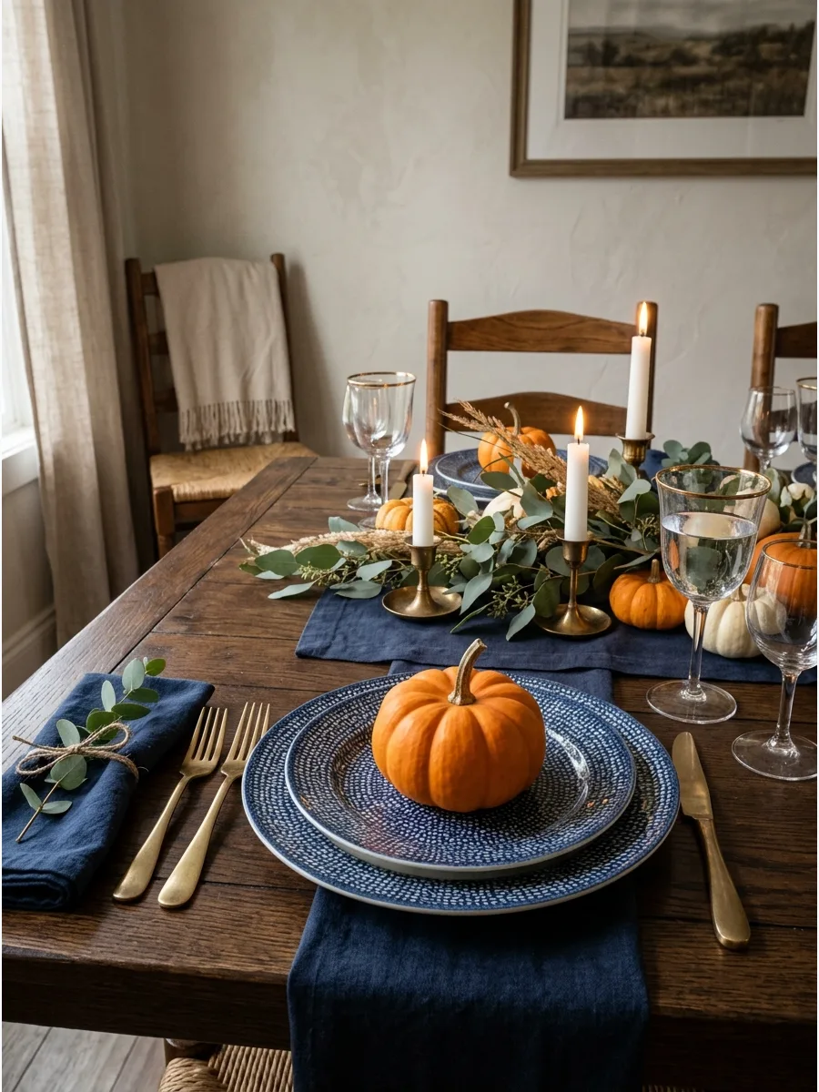 29. Blue and Orange Fall Tablescape