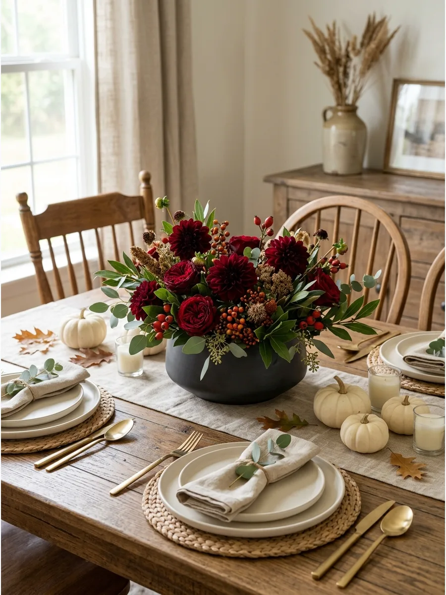 7. Burgundy Floral Fall Centerpiece
