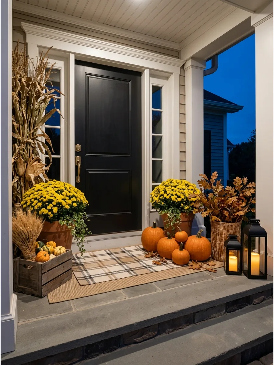 1. Classic Mums and Pumpkins Porch