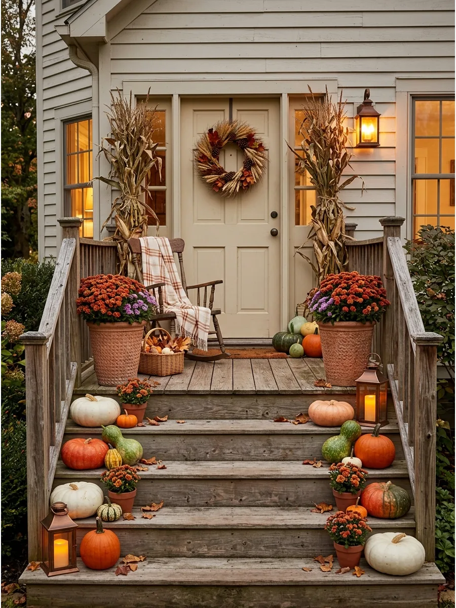 2. Pumpkin-Lined Porch Steps