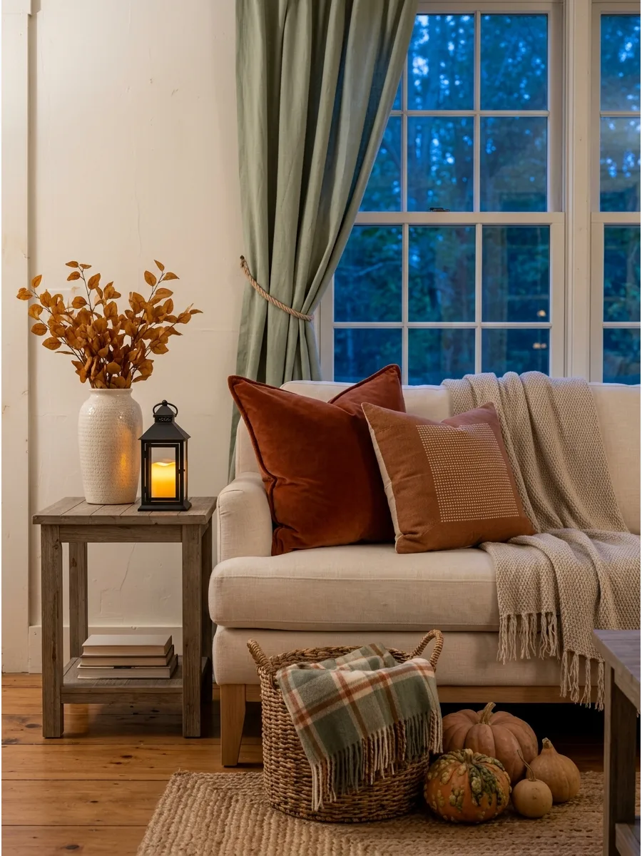 1. Layer Rust Pillows on a Neutral Sofa