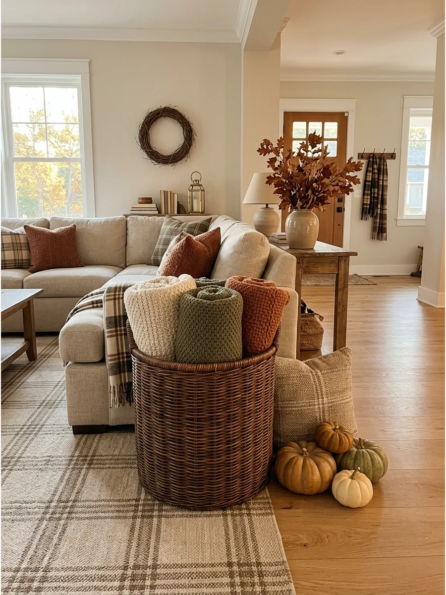 18. Fill a Woven Basket with Blankets