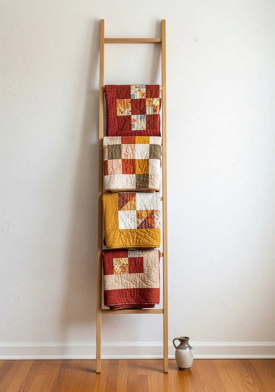 29. Layered Vintage Quilt Ladder