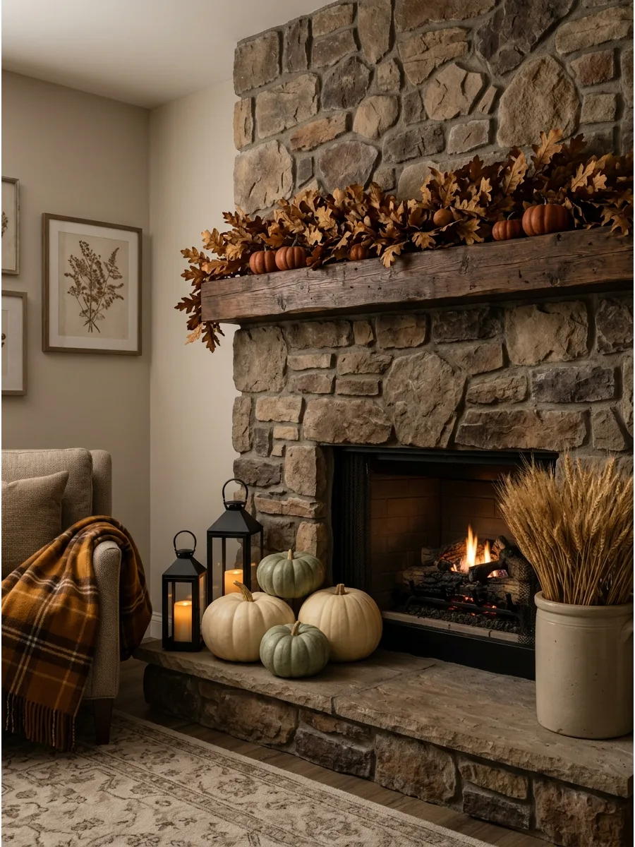 31. Style a Fireplace with Muted Pumpkins
