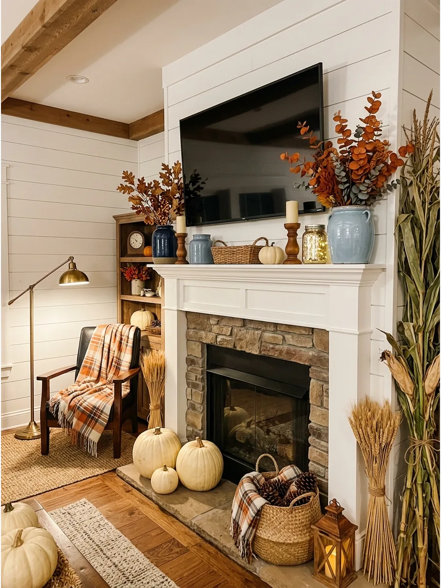 17. Blue and Burnt Orange Mantel