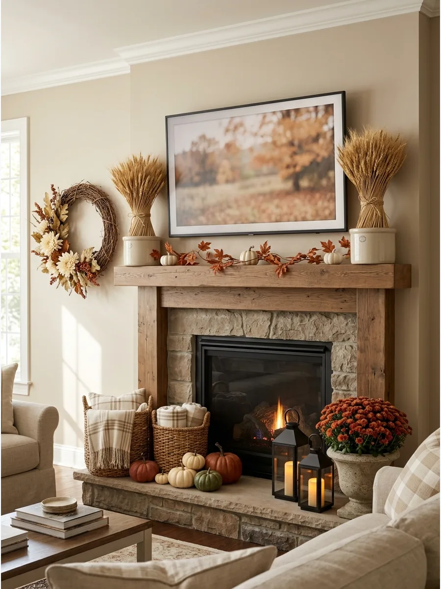 18. Simple Wheat Mantel Arrangement