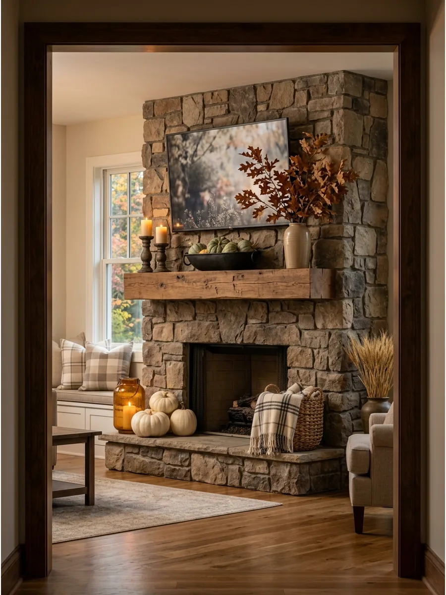 19. Stone Fireplace Fall Mantel
