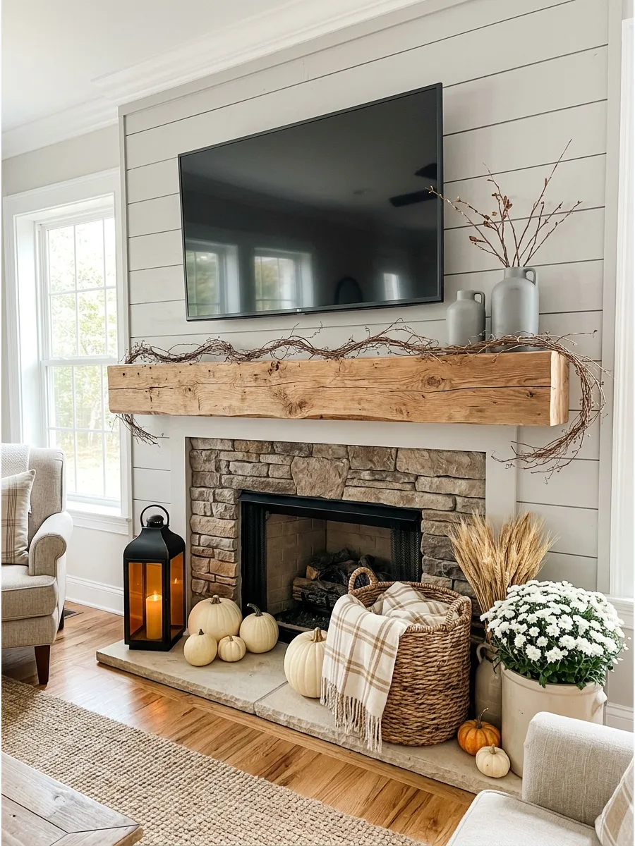 22. Rustic Wood-Beam Mantel