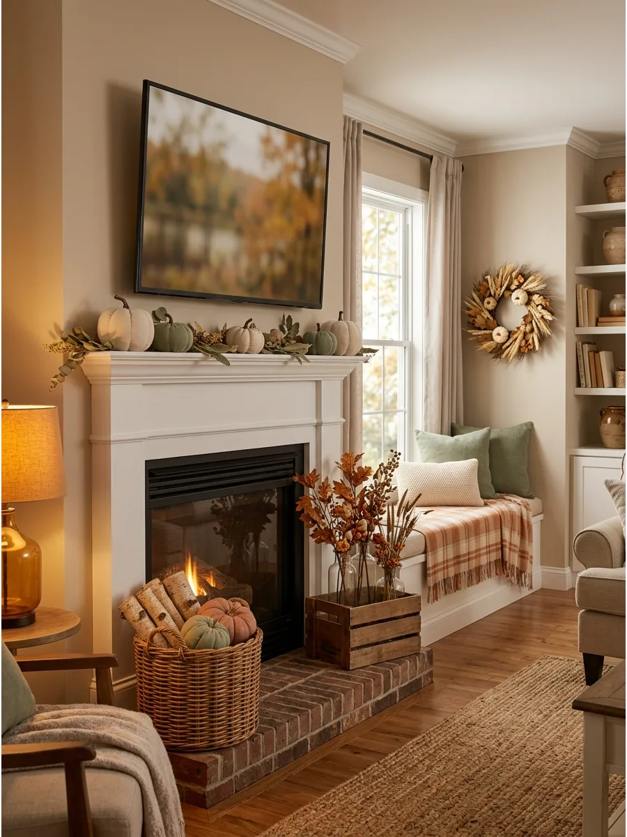 3. Neutral Pumpkin Mantel with a TV