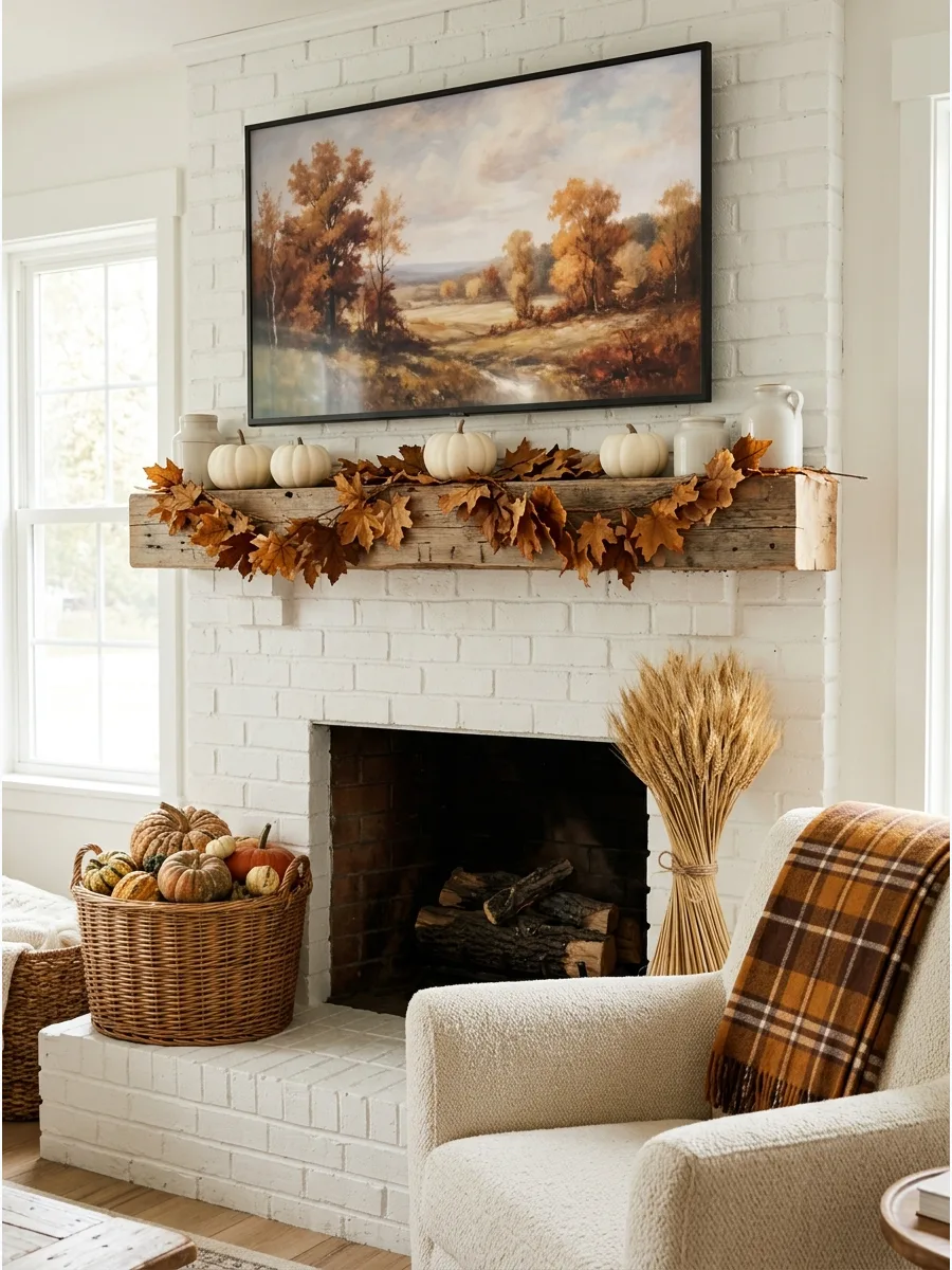 42. Farmhouse Fall Mantel with a TV