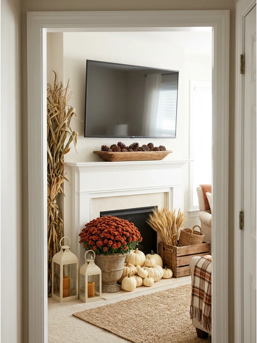 48. Autumn Mantel with a Low Wooden Bowl