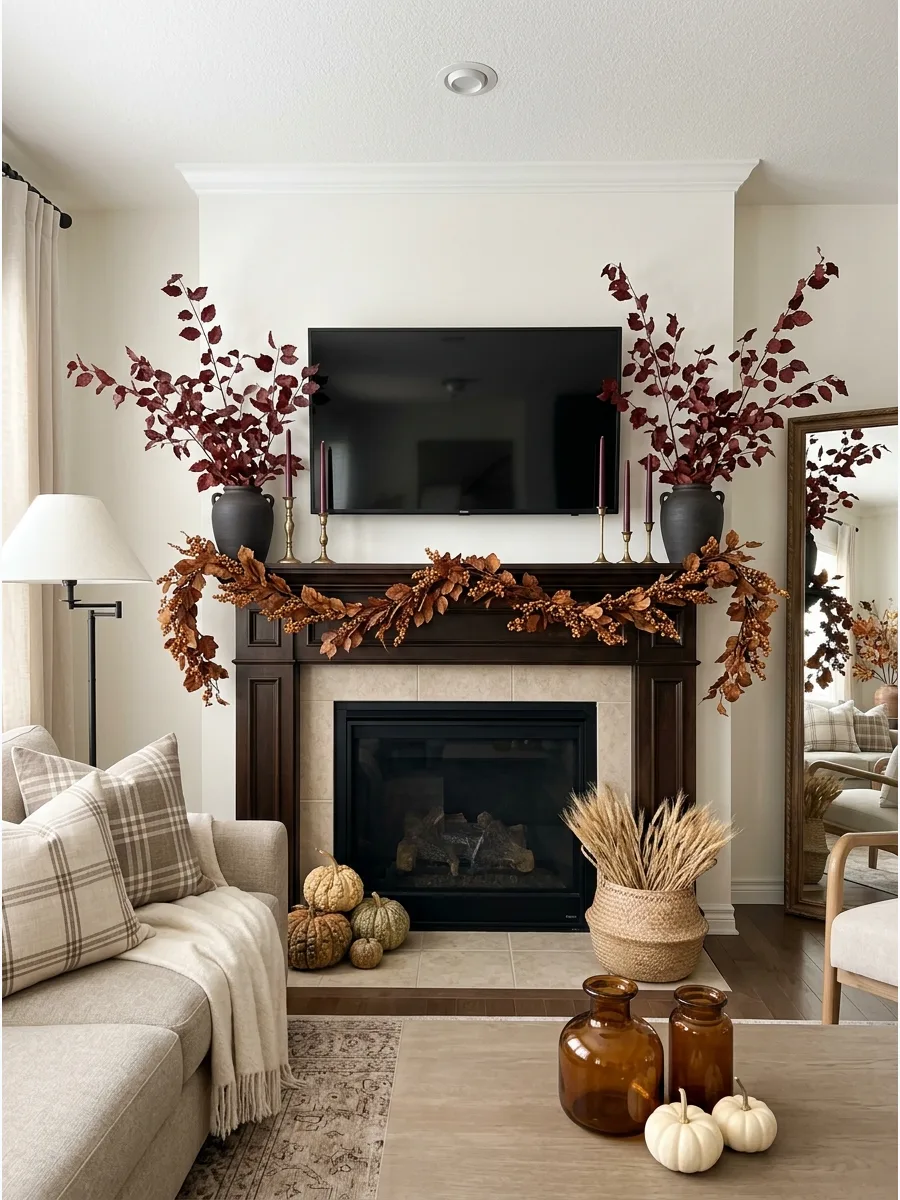 5. Burgundy and Brass Mantel Display