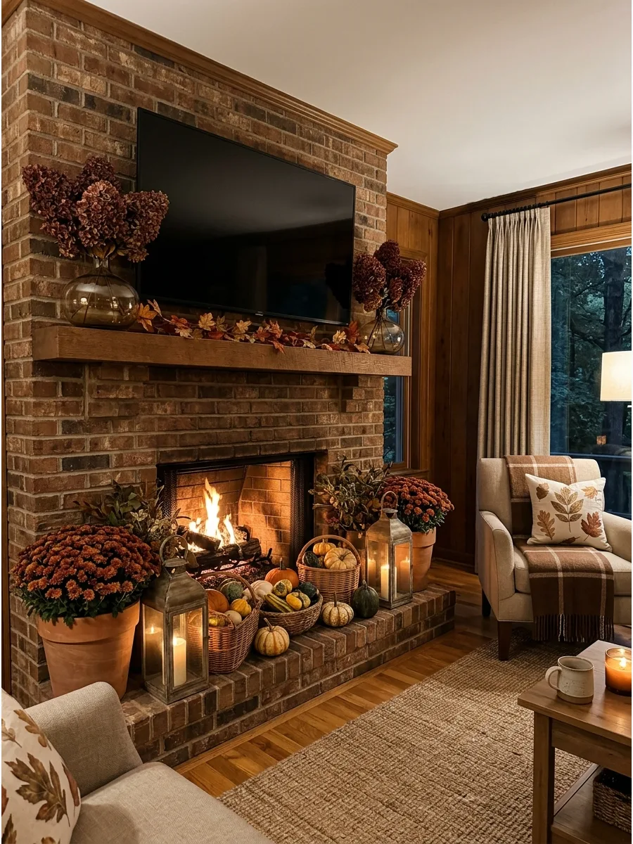 9. Dried Hydrangea Mantel with a TV