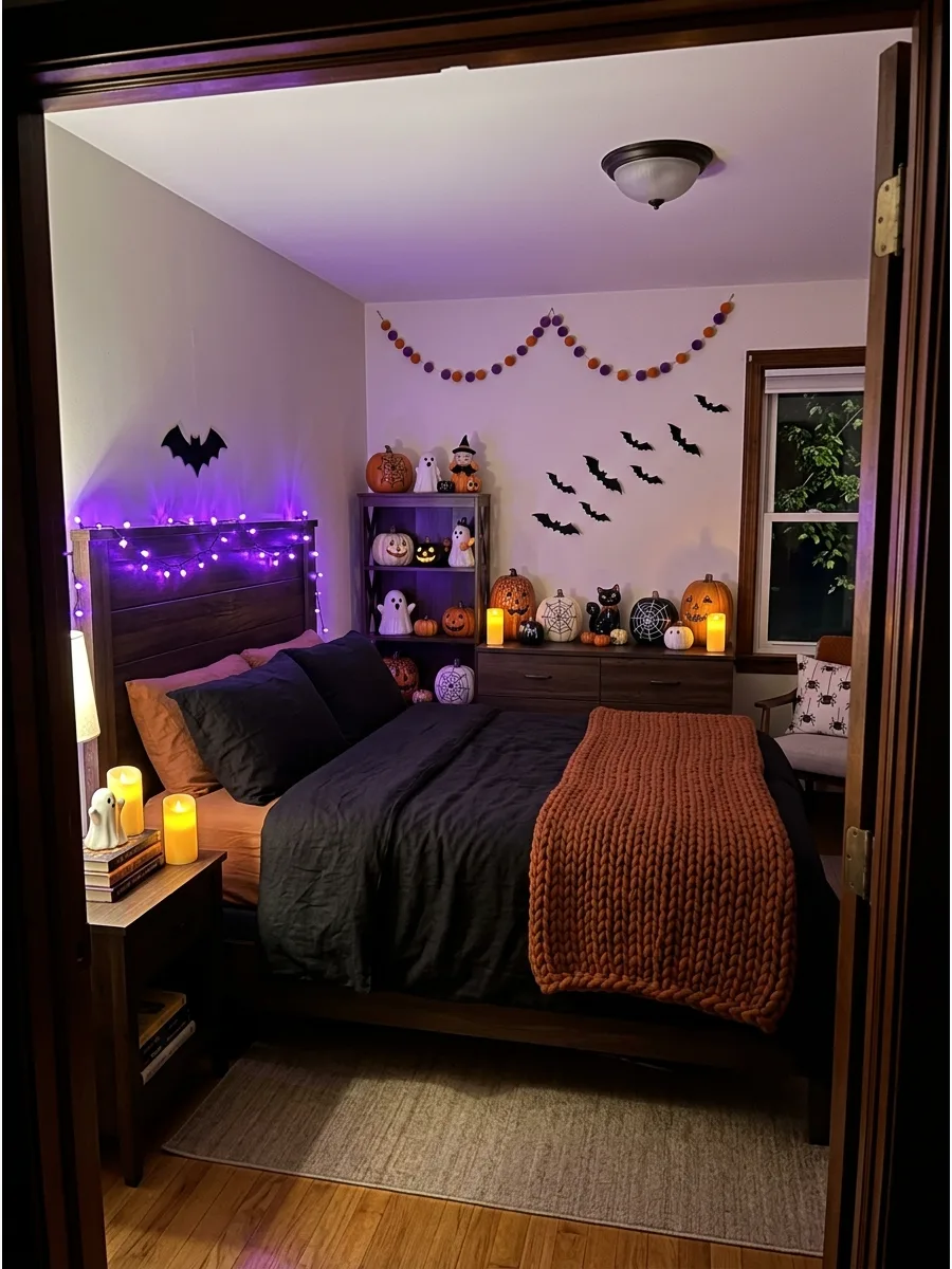 1. Cozy Orange and Black Halloween Bedroom