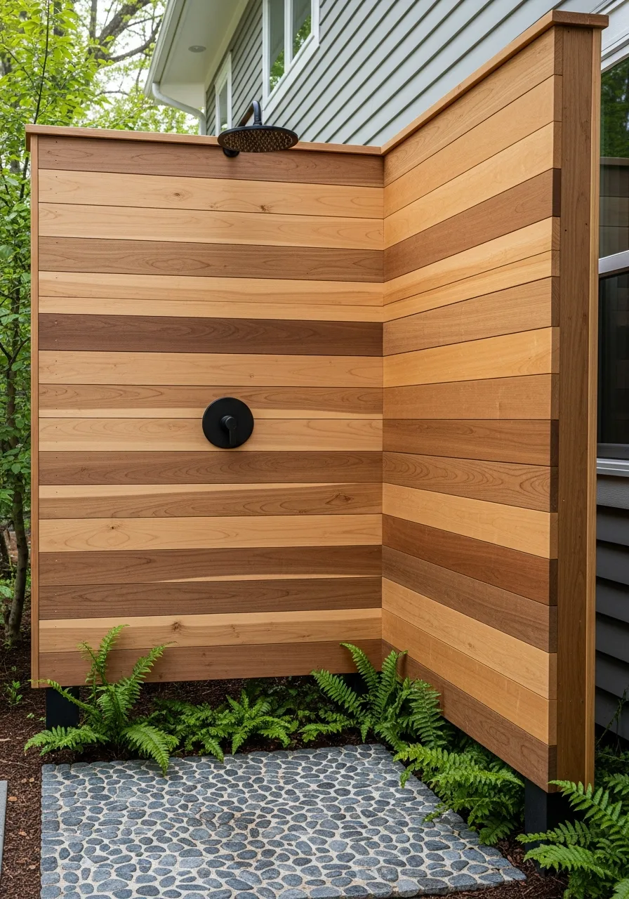 1. Modern Wood-Slat Outdoor Shower