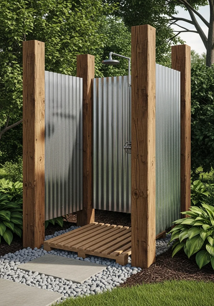12. Rustic Corrugated-Metal Shower