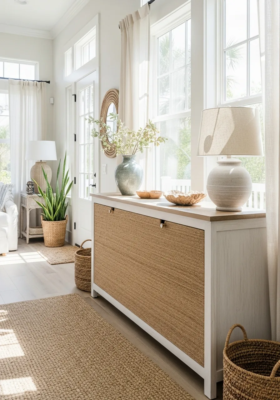 35. Grasscloth Entryway Consoles