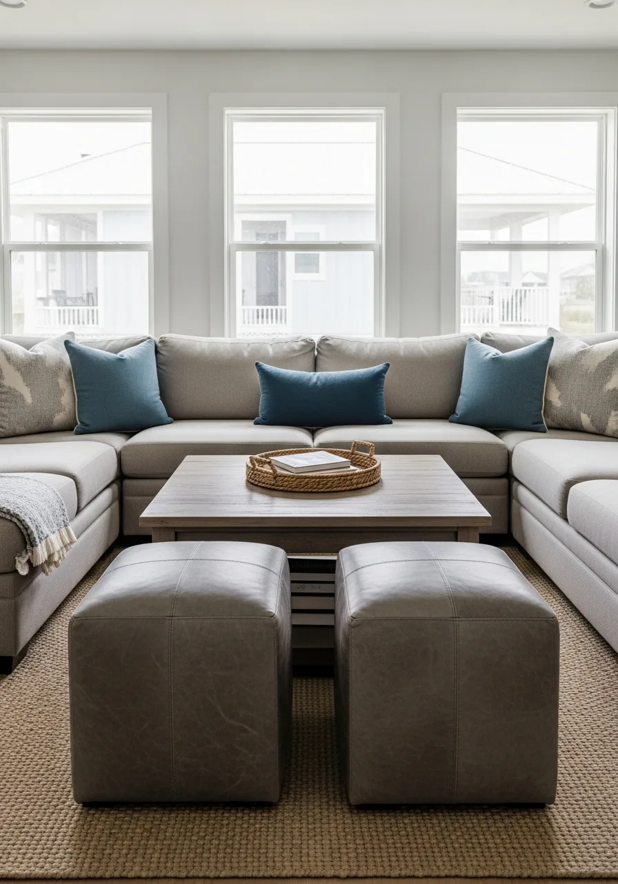48. Weathered Gray Leather Ottomans