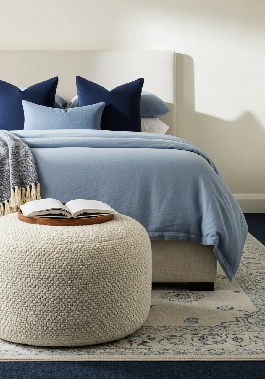 21. Cream Bouclé Round Ottoman