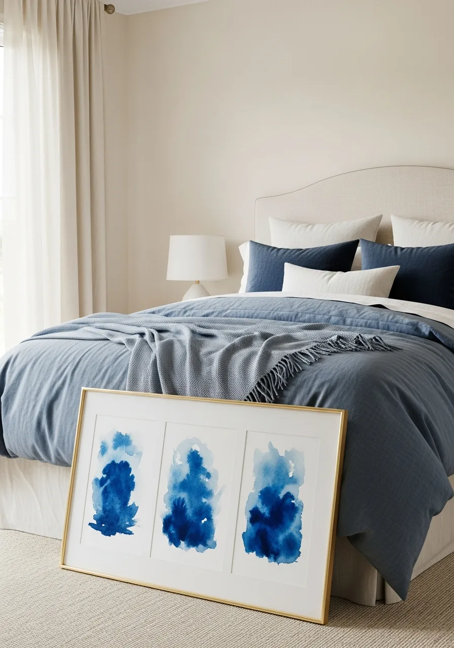 33. Framed Blue Watercolor Triptych
