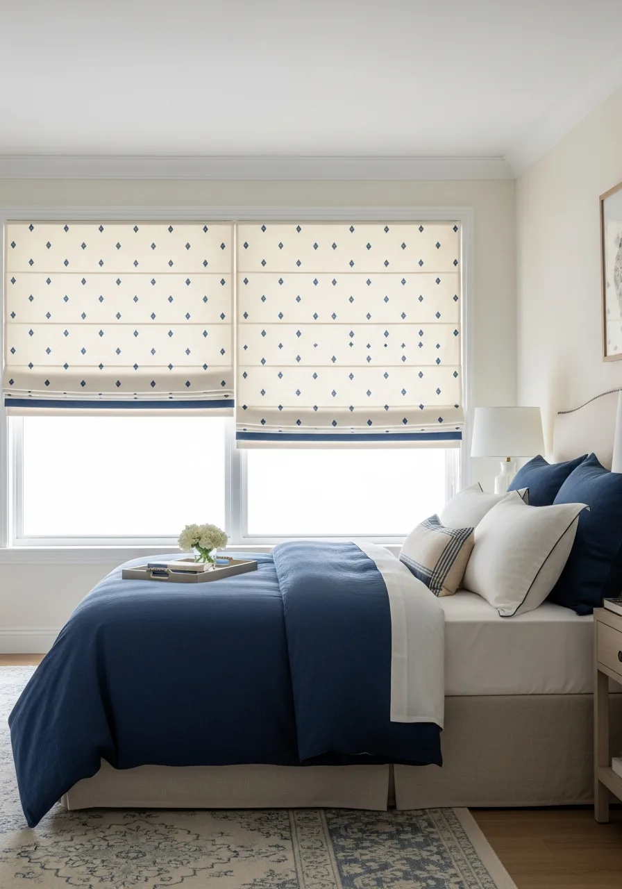35. Patterned Blue Roman Shades