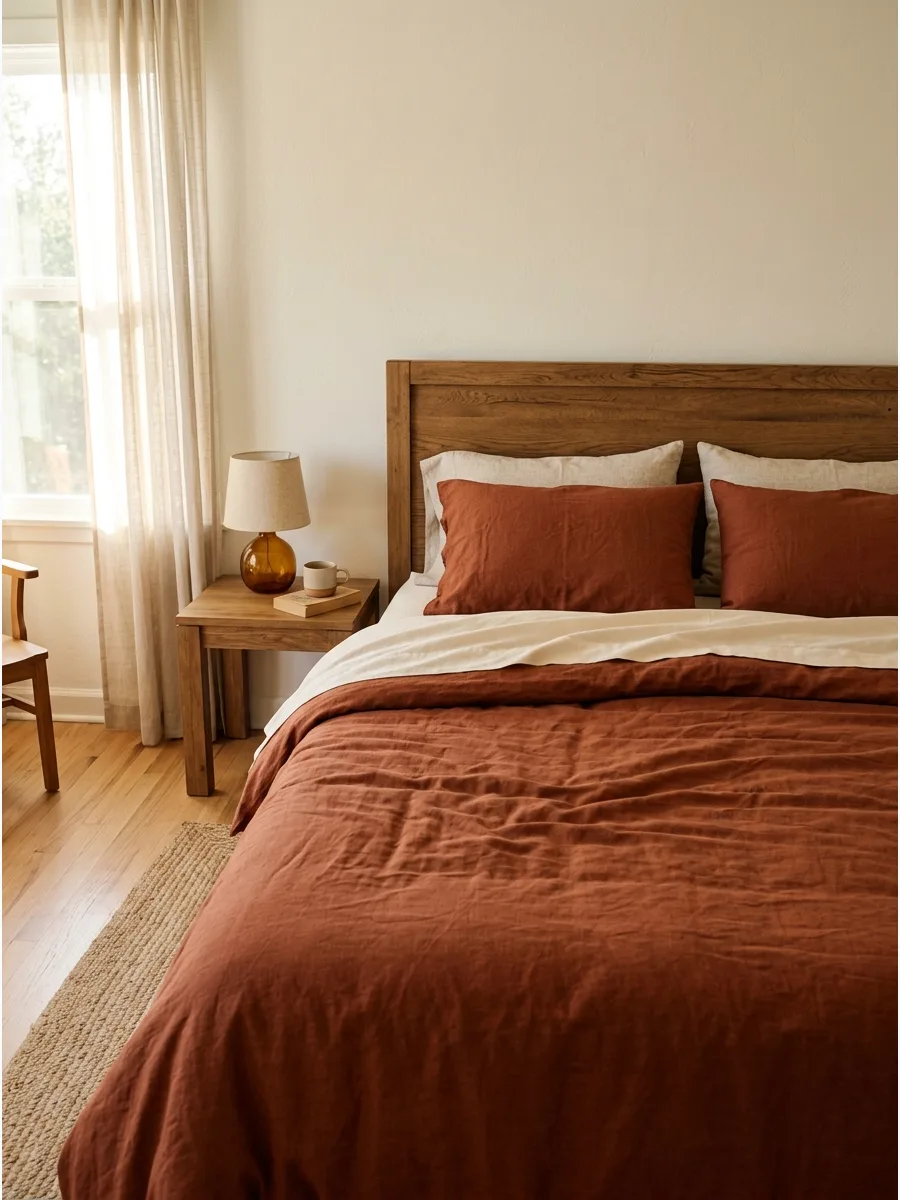 1. Rust Linen and Cream Sheets