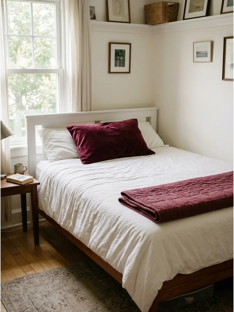 18. Burgundy and Warm White Bedding