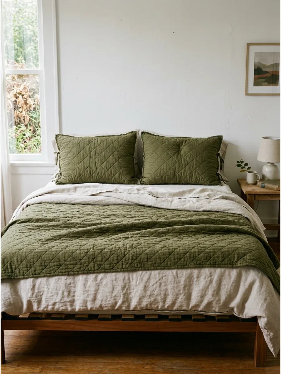 2. Olive Quilt With Oatmeal Bedding